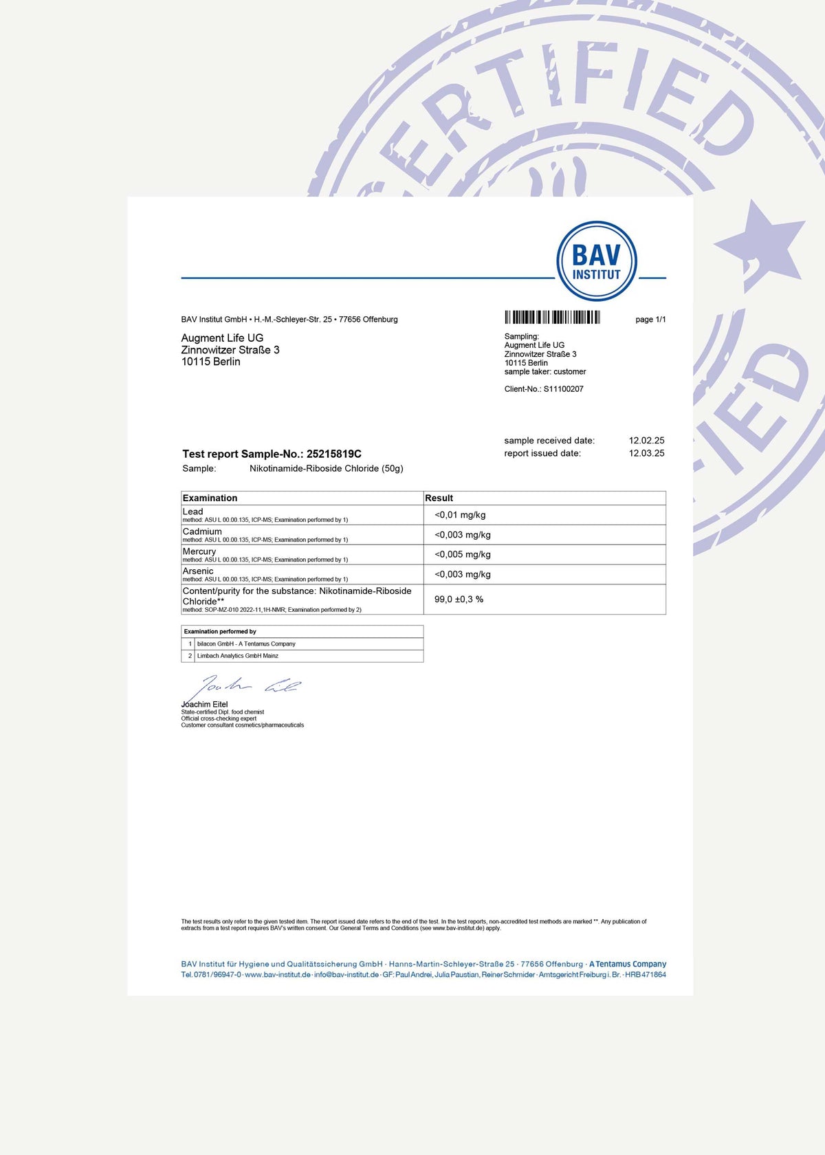 BAV Institut third-party lab certificate for Nicotinamide-Riboside Chloride confirming 99.0% purity and low heavy metal levels, issued to Augment Life UG, dated March 2025.