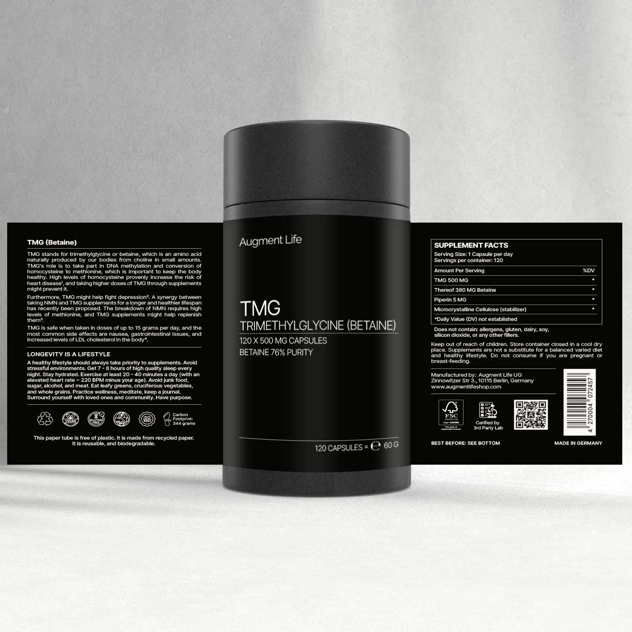 TMG (Betaine) - 500 mg x 120 capsules - Trimethylglycine, 98% Betaine